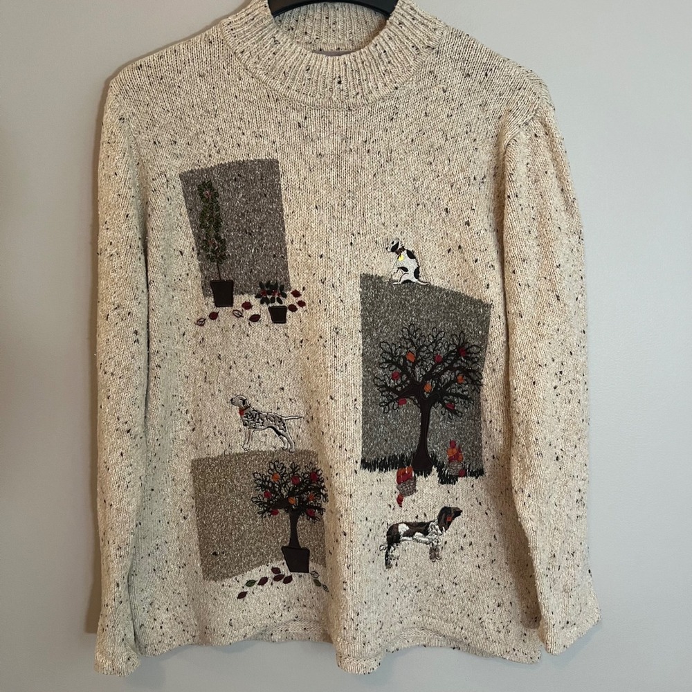 Vintage Women Mock Neck Dog Garden Embroidered Marl Sweater Cream Tan M Fall
